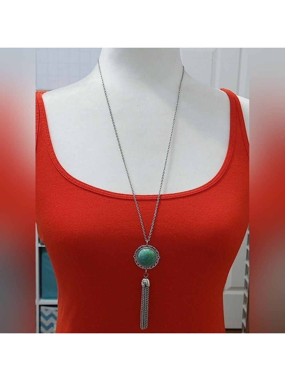 NWT Boho Chic Turquoise Oval Tassel Pendant Necklace Earring Set